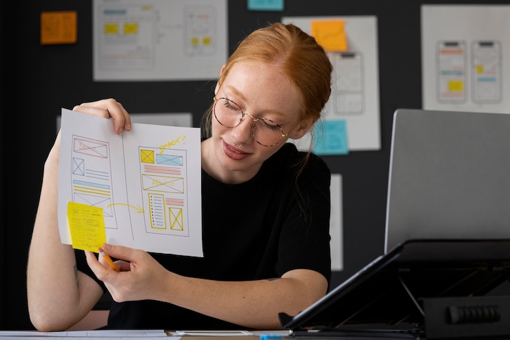 a young woman demonstrating a website reconstruction layout on a paper sheet