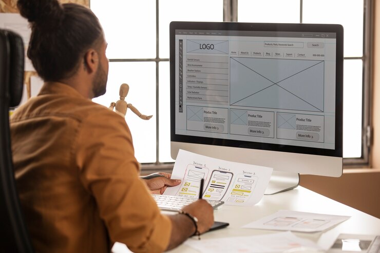a man cross-referencing a paper website design using a PC