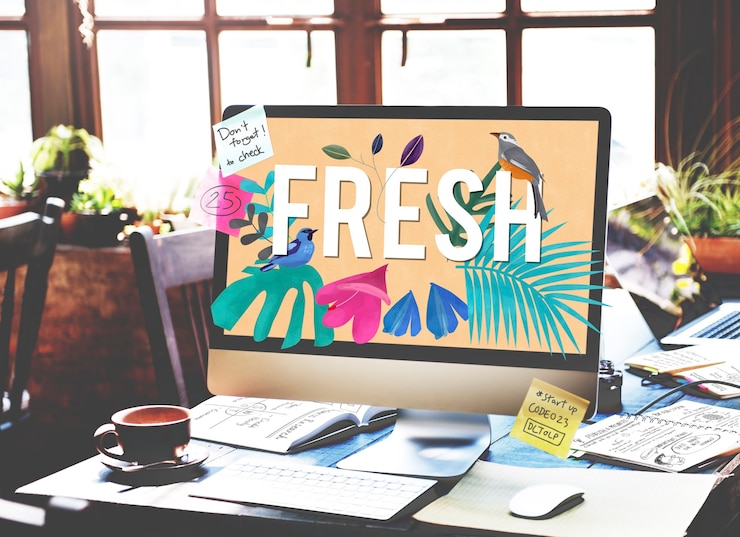 a cup, notepads with notes, stickers, and a PC monitor with the word “FRESH” on the screen
